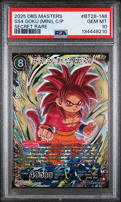 2025 Dragon Ball Super Card Game Masters Series 28 Prismatic Clash Bt28-148 Ss4 Son Goku (mini), Comeback Power Secret Rare PSA 10