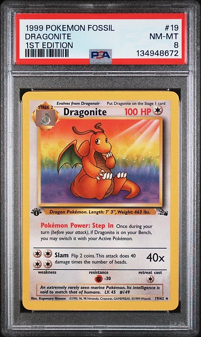 1999 Pokemon Fossil 19 Dragonite 1st Edition PSA 8