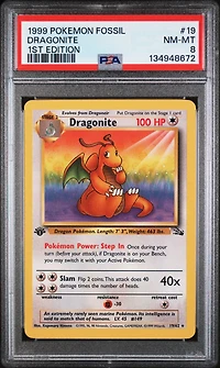 1999 Pokemon Fossil 19 Dragonite 1st Edition PSA 8
