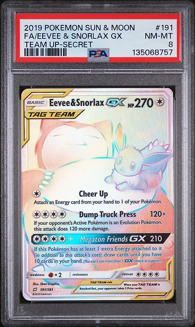 2019 Pokemon Sun & Moon Team Up 191 Full Art/eevee & Snorlax Gx Secret PSA 8