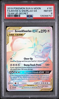 2019 Pokemon Sun & Moon Team Up 191 Full Art/eevee & Snorlax Gx Secret PSA 8