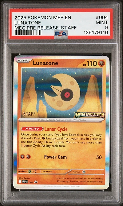 2025 Pokemon Mep En-me Black Star Promo 004 Lunatone Mega Evolution Prerelease-staff PSA 9