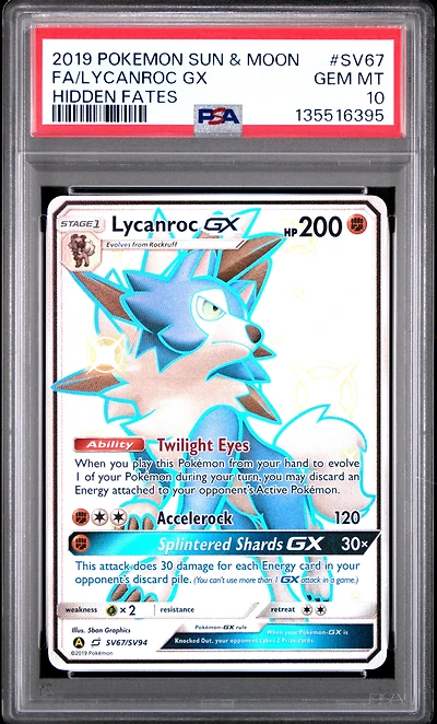 2019 Pokemon Sun & Moon Hidden Fates Sv67 Full Art/lycanroc Gx PSA