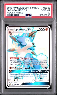 2019 Pokemon Sun & Moon Hidden Fates Sv67 Full Art/lycanroc Gx PSA