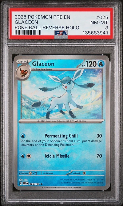 2025 Pokemon Pre En-prismatic Evolutions 025 Glaceon Poke Ball Reverse Holo PSA