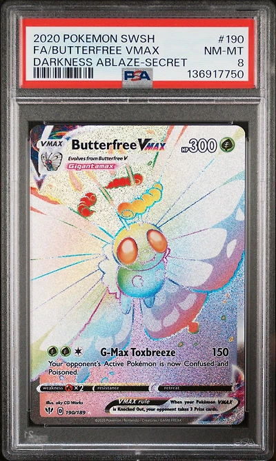 2020 Pokemon Sword & Shield Darkness Ablaze 190 Full Art/butterfree Vmax Secret PSA 8