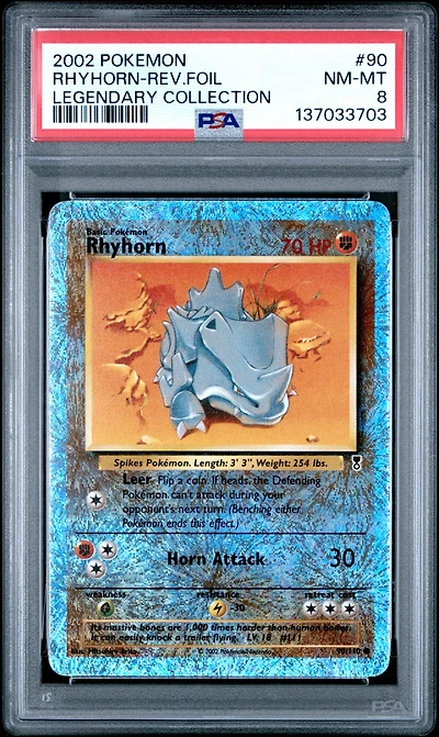 2002 Pokemon Legendary Collection 90 Rhyhorn-reverse Foil PSA 8