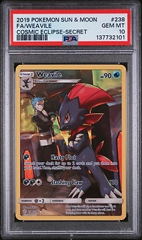 2019 Pokemon Sun & Moon Cosmic Eclipse 238 Full Art/weavile Secret PSA