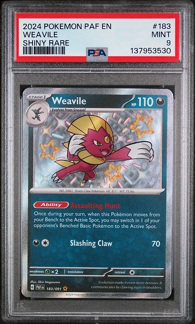 2024 Pokemon Paf En-paldean Fates 183 Weavile Shiny Rare PSA 9