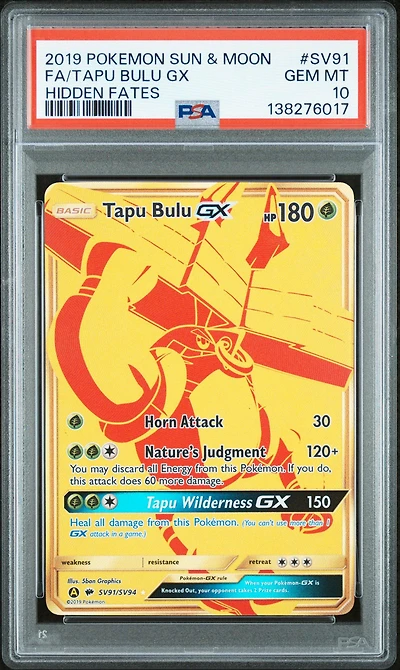 2019 Pokemon Sun & Moon Hidden Fates Sv91 Full Art/tapu Bulu Gx PSA 10