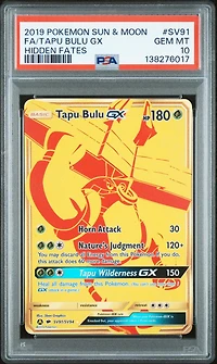 2019 Pokemon Sun & Moon Hidden Fates Sv91 Full Art/tapu Bulu Gx PSA 10