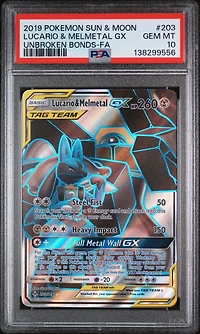 2019 Pokemon Sun & Moon Unbroken Bonds 203 Full Art/lucario & Melmetal Gx PSA 10