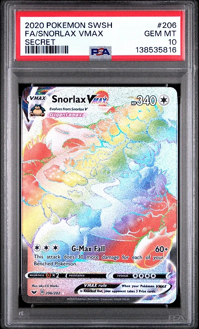 2020 Pokemon Sword & Shield 206 Full Art/snorlax Vmax Secret PSA 10