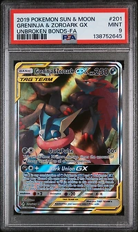 2019 Pokemon Sun & Moon Unbroken Bonds 201 Full Art/greninja & Zoroark Gx PSA