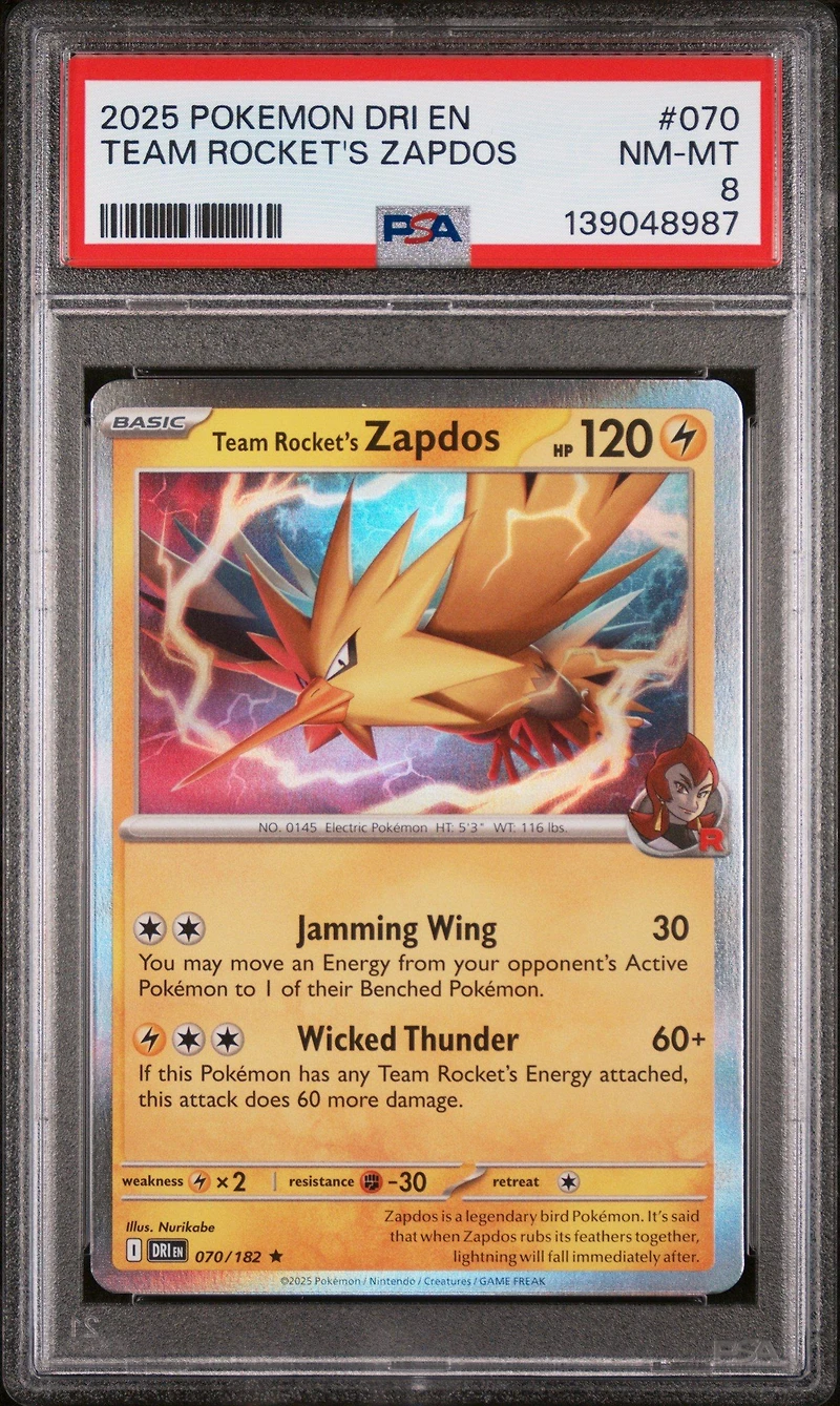 2025 Pokemon Dri En-destined Rivals 070 Team Rocket's Zapdos PSA