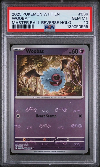 2025 Pokemon Wht En-white Flare 036 Woobat Master Ball Reverse Holo PSA 10