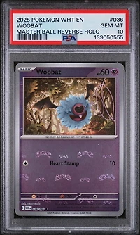 2025 Pokemon Wht En-white Flare 036 Woobat Master Ball Reverse Holo PSA 10
