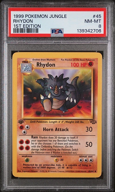 1999 Pokemon Jungle 45 Rhydon 1st Edition PSA 8