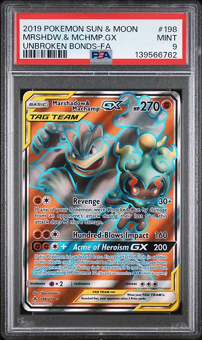 2019 Pokemon Sun & Moon Unbroken Bonds 198 Full Art/marshadow & Machamp Gx PSA 9