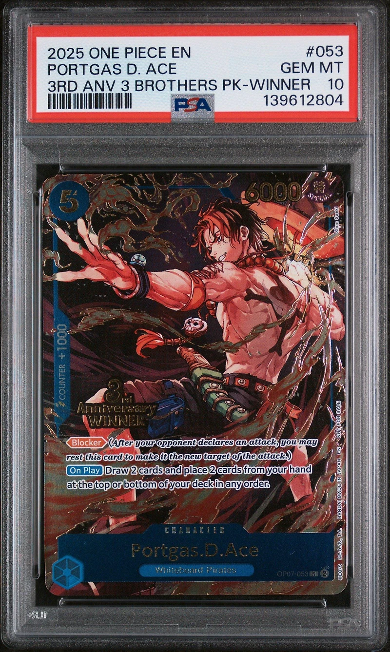 2025 One Piece 3rd Anniversary Tournament 3 Brothers Pack 053 Portgas D. Ace Winner PSA 10