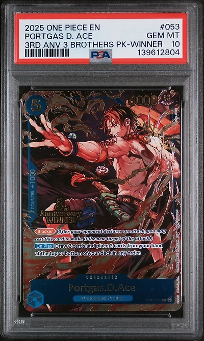 2025 One Piece 3rd Anniversary Tournament 3 Brothers Pack 053 Portgas D. Ace Winner PSA 10