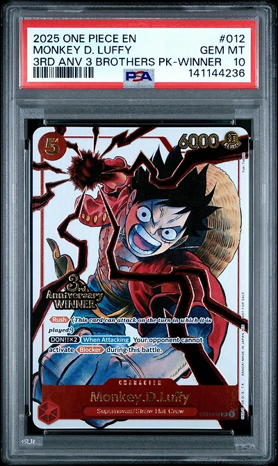 2025 One Piece 3rd Anniversary Tournament 3 Brothers Pack 012 Monkey D. Luffy Winner PSA 10
