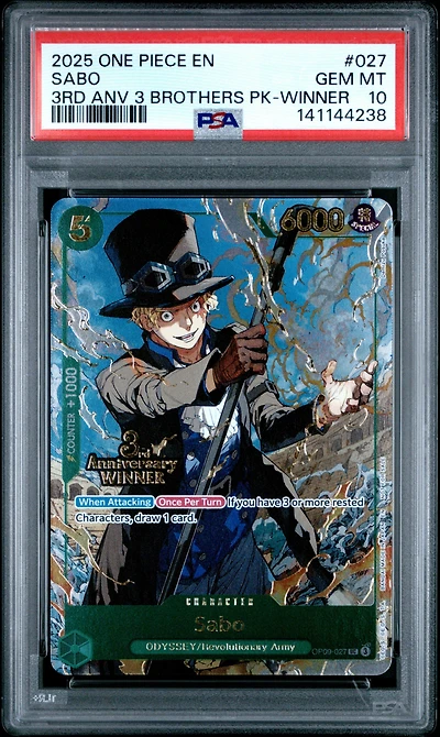 2025 One Piece 3rd Anniversary Tournament 3 Brothers Pack 027 Sabo Winner PSA 10