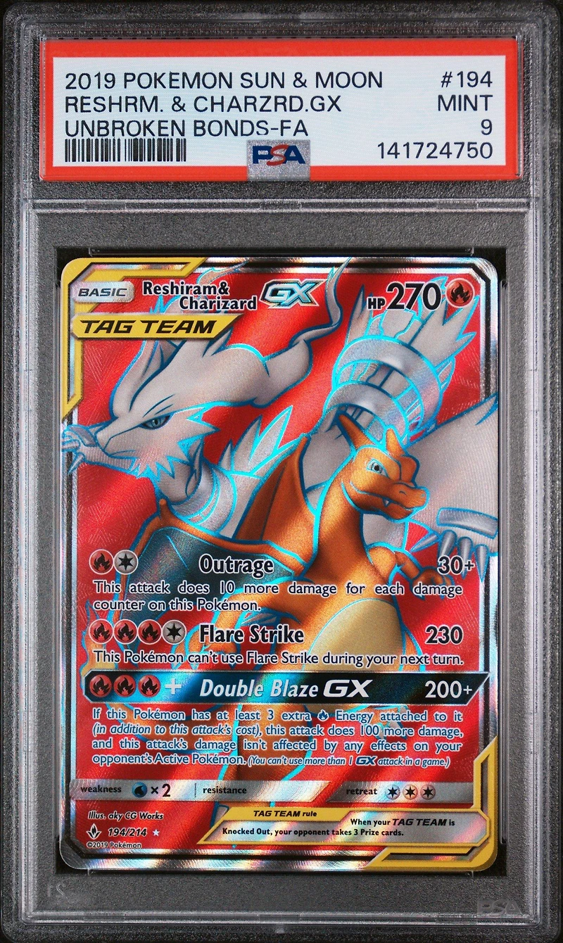 2019 Pokemon Sun & Moon Unbroken Bonds 194 Full Art/reshiram & Charizard Gx PSA 9