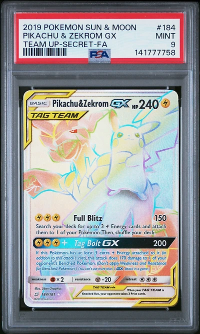 2019 Pokemon Sun & Moon Team Up 184 Full Art/pikachu & Zekrom Gx Secret PSA 9
