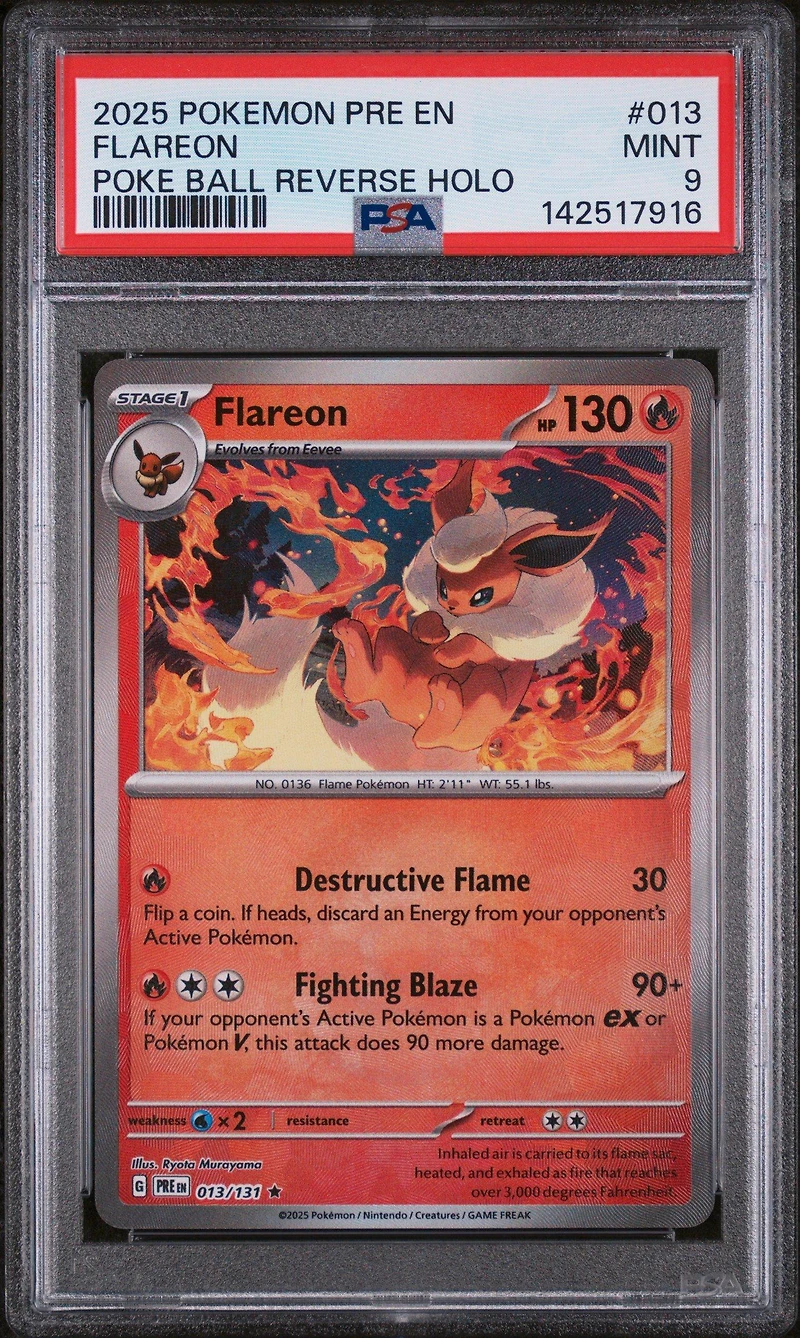 2025 Pokemon Pre En-prismatic Evolutions 013 Flareon Poke Ball Reverse Holo PSA 9