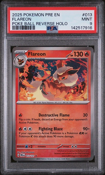 2025 Pokemon Pre En-prismatic Evolutions 013 Flareon Poke Ball Reverse Holo PSA 9