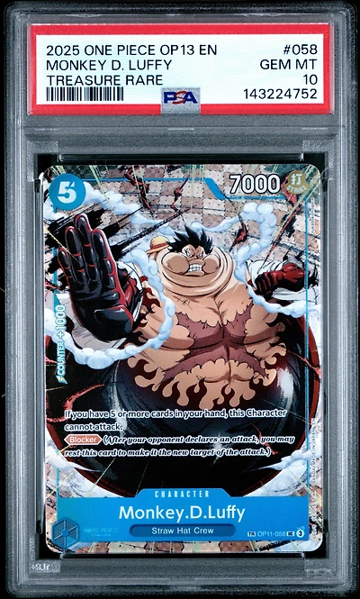 2025 One Piece Op13-carrying On His Will 058 Monkey D. Luffy Treasure Rare PSA 10