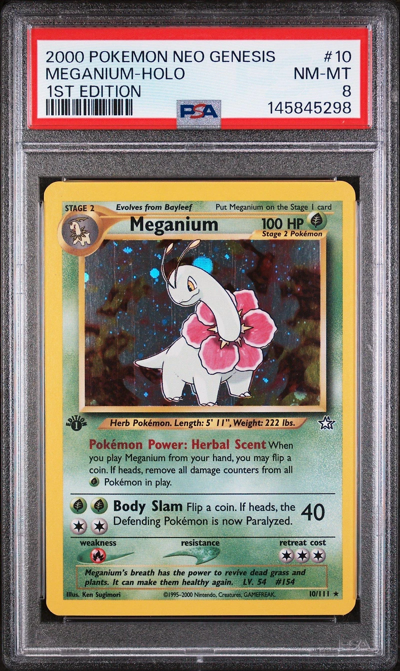 2000 Pokemon Neo Genesis 1st Edition 10 Meganium-holo PSA 8