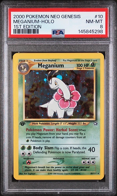 2000 Pokemon Neo Genesis 1st Edition 10 Meganium-holo PSA 8
