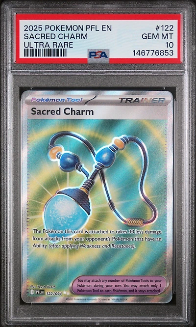 2025 Pokemon Pfl En-phantasmal Flames 122 Sacred Charm Ultra Rare PSA 10