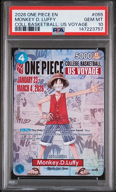 2026 One Piece Promos 055 Monkey D. Luffy One Piece College Basketball: Us Voyage PSA 10