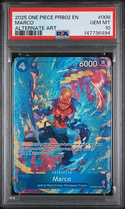 2025 One Piece Prb02-premium Booster -one Piece Card The Best- Vol.2 008 Marco Alternate Art PSA 10