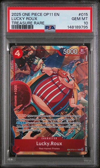 2025 One Piece Op11-a Fist Of Divine Speed 015 Lucky Roux Treasure Rare PSA 10