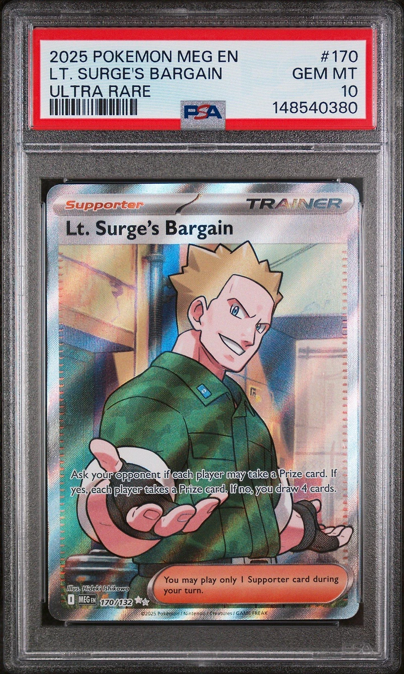 2025 Pokemon Meg En-mega Evolution 170 Lt. Surge's Bargain Ultra Rare PSA 10