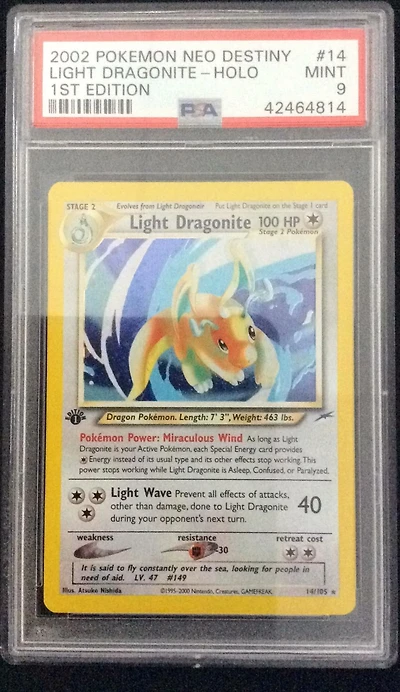 2002 Pokemon Neo Destiny 14 Light Dragonite-holo 1st Edition PSA