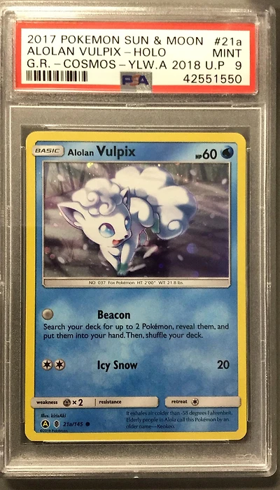 2017 Pokemon Sun & Moon Guardians Rising 21a Alolan Vulpix-holo Cosmos-yellow A 2018 Ultra Prism PSA 9
