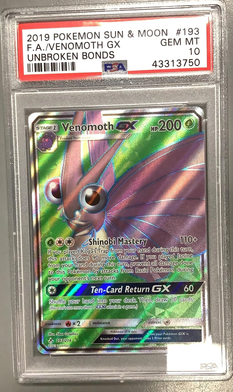 2019 Pokemon Sun & Moon Unbroken Bonds 193 Full Art/venomoth Gx PSA 10