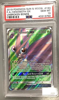 2019 Pokemon Sun & Moon Unbroken Bonds 193 Full Art/venomoth Gx PSA 10