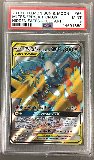 2019 Pokemon Sun & Moon Hidden Fates 66 Full Art/moltres & Zapdos & Articuno Gx PSA