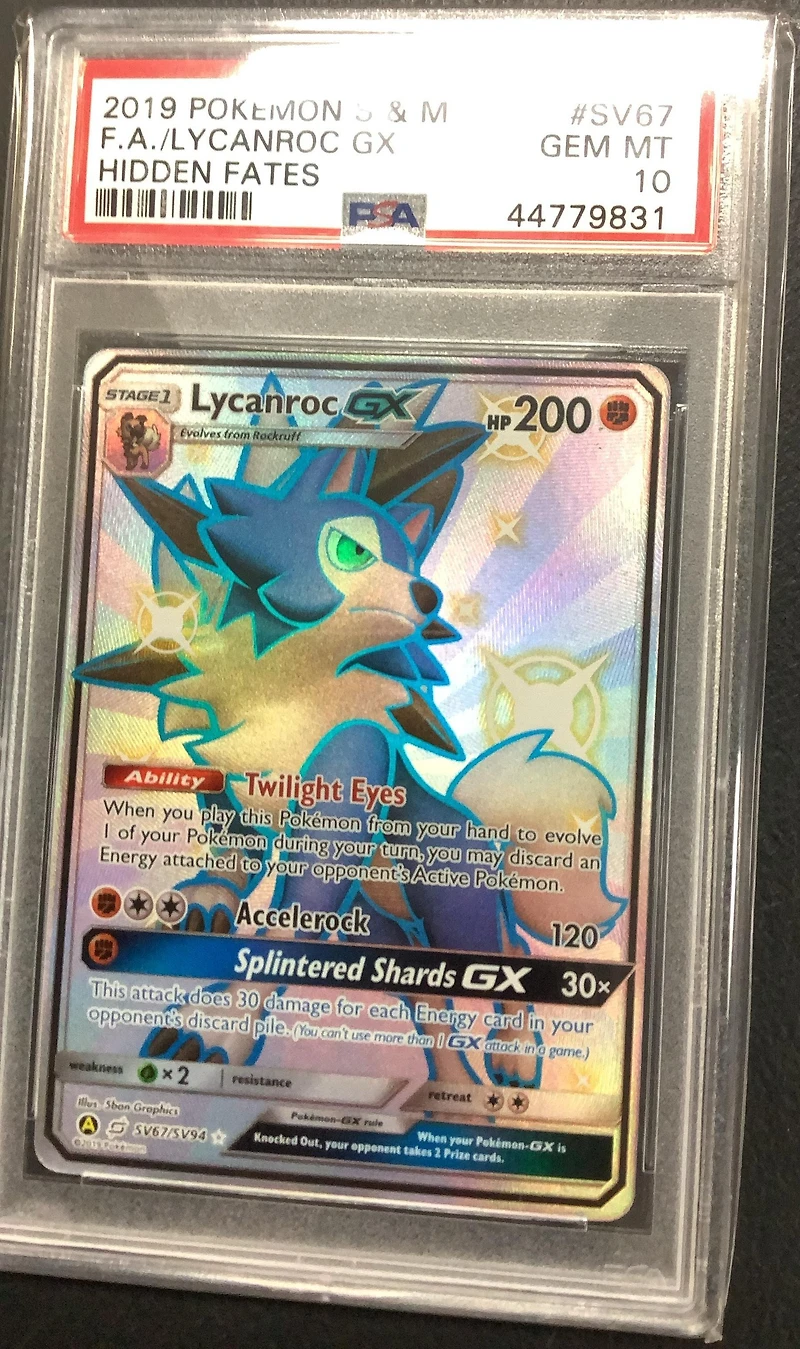 2019 Pokemon Sun & Moon Hidden Fates Sv67 Full Art/lycanroc Gx PSA