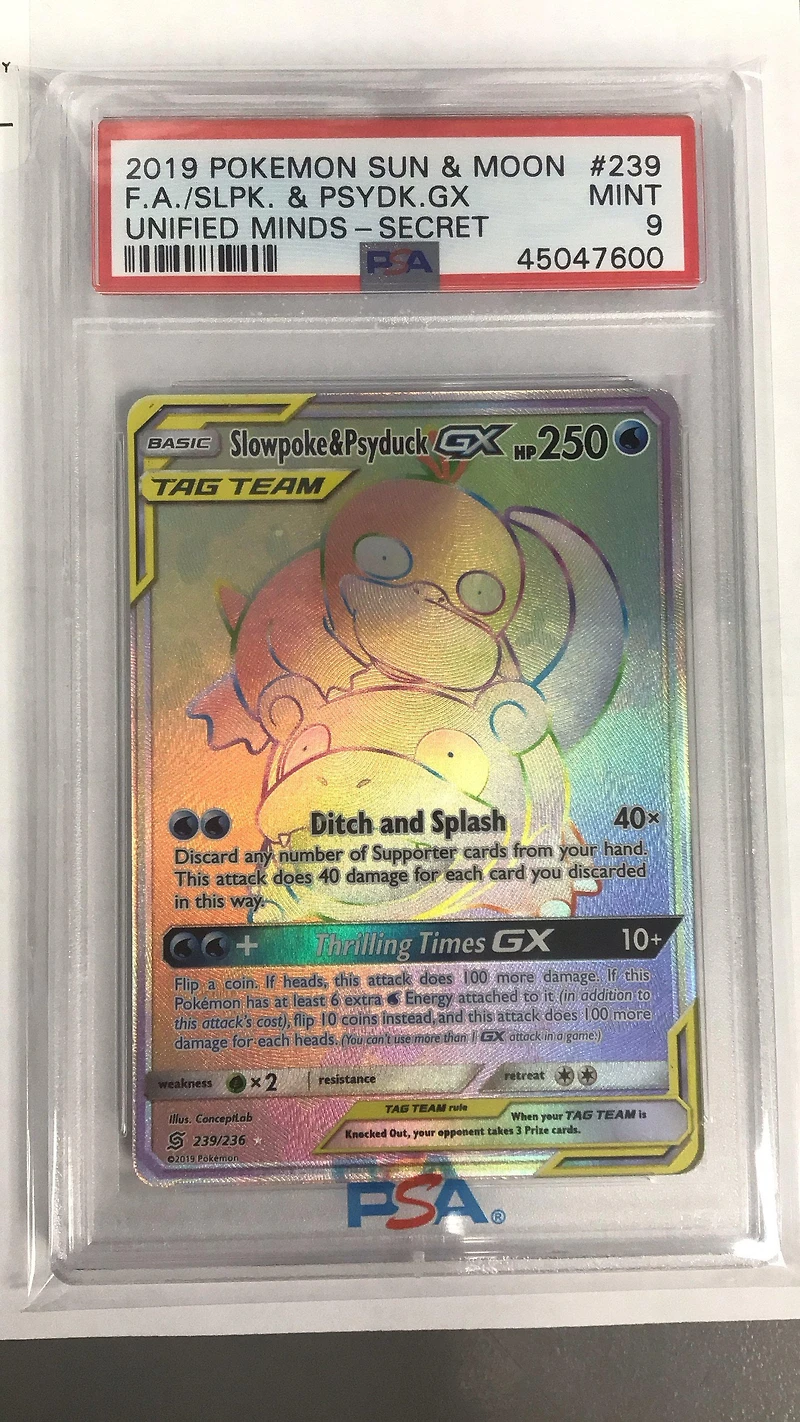 2019 Pokemon Sun & Moon Unified Minds 239 Slowpk. & Psydck. Gx PSA 9