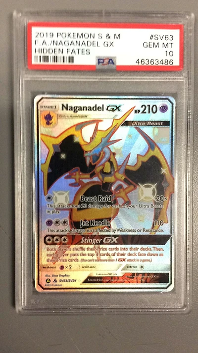 2019 Pokemon Sun & Moon Hidden Fates Sv63 Full Art/naganadel Gx PSA