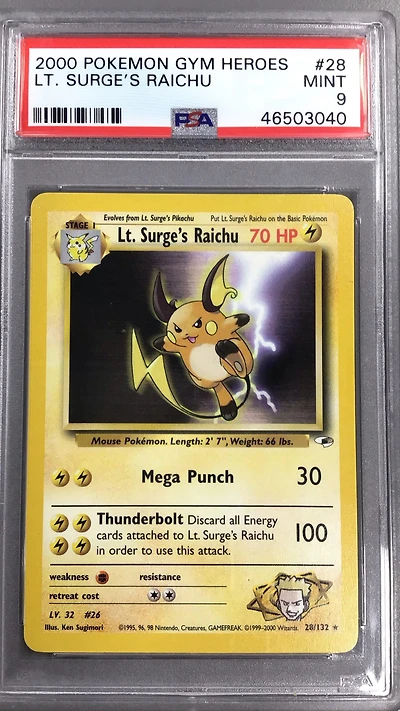 2000 Pokemon Gym Heroes 28 Lt. Surge's Raichu PSA 9