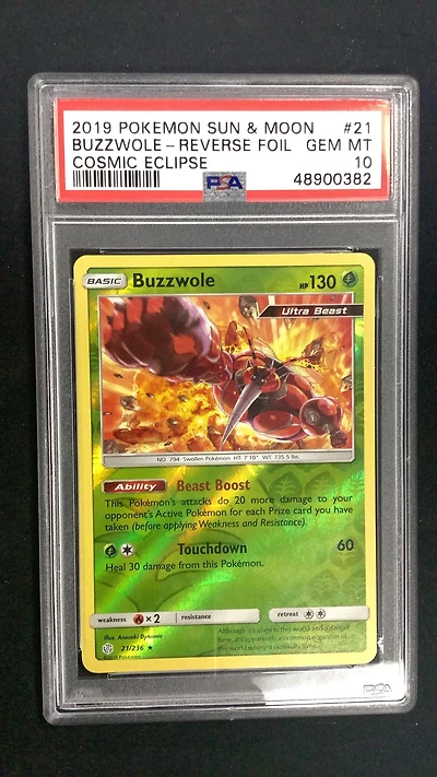 2019 Pokemon Sun & Moon Cosmic Eclipse 21 Buzzwole-reverse Foil PSA 10