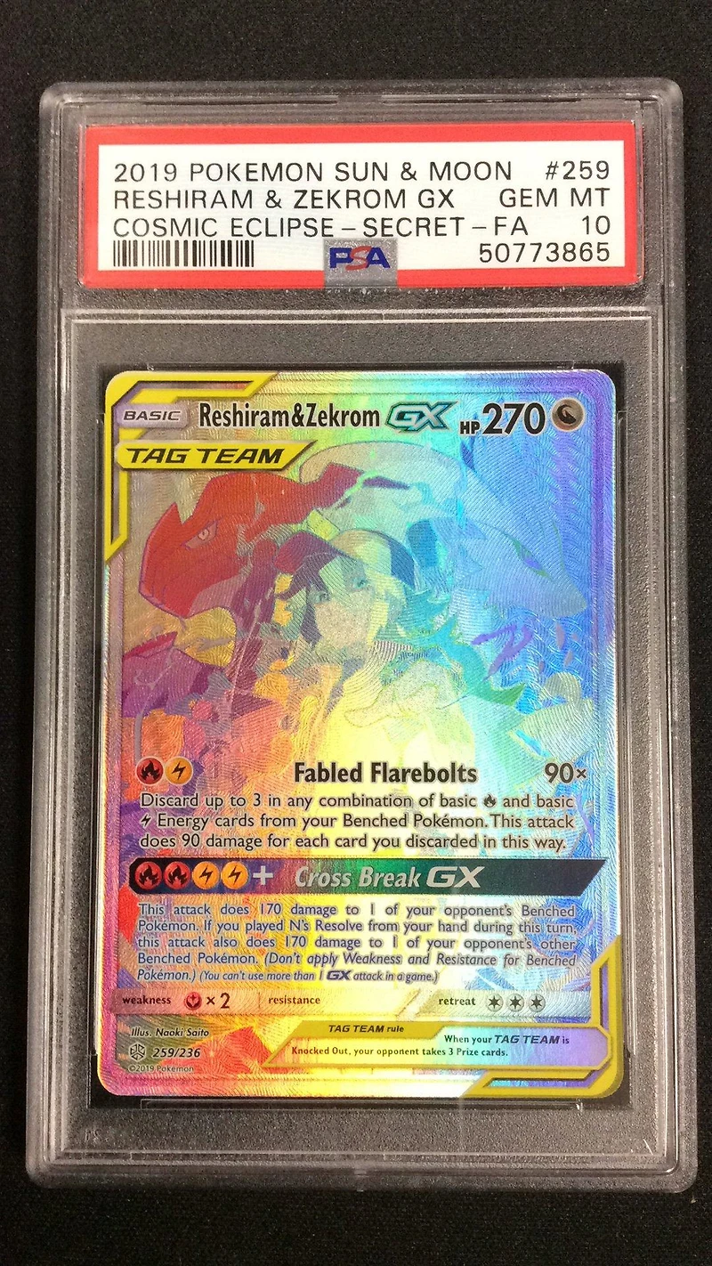 2019 Pokemon Sun & Moon Cosmic Eclipse 259 Full Art/reshiram & Zekrom Gx Secret PSA 10